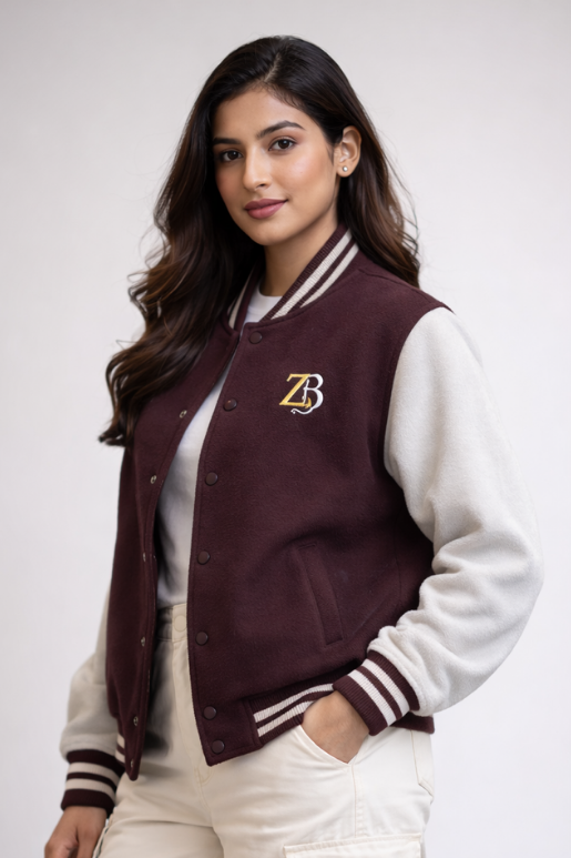 Zingleberry premium varsity jacket for women in maroon and off-white, unisex cotton varsity jacket street style