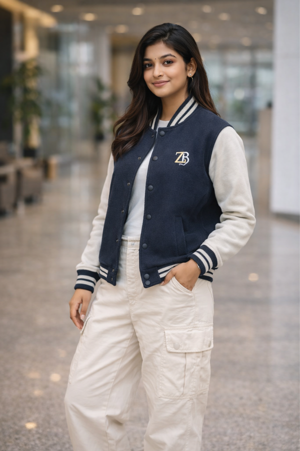A woman wearing the Zingleberry unisex navy blue varsity jacket with off-white sleeves, paired with cream cargo pants to highlight a modern, oversized fashion fit.