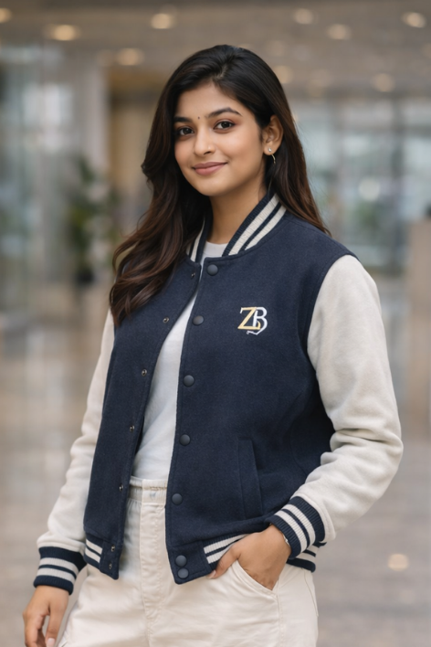 A woman wearing the Zingleberry unisex navy blue varsity jacket with off-white sleeves, paired with cream cargo pants to highlight a modern, oversized fashion fit.