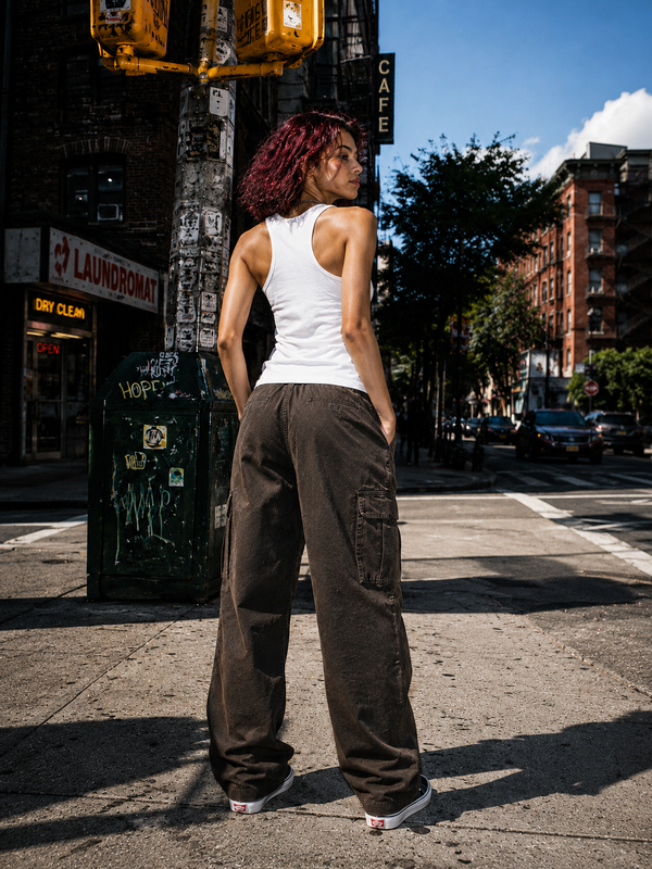 Back view of female model wearing Zingleberry white women’s tank top with a plain back and brown cargo pants.