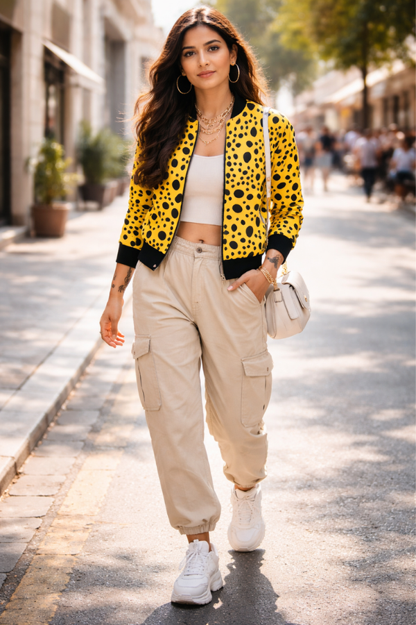 Zingleberry premium women’s yellow abstract polka dot all over print bomber jacket with ribbed cuffs and zip closure styled with beige cargo pants