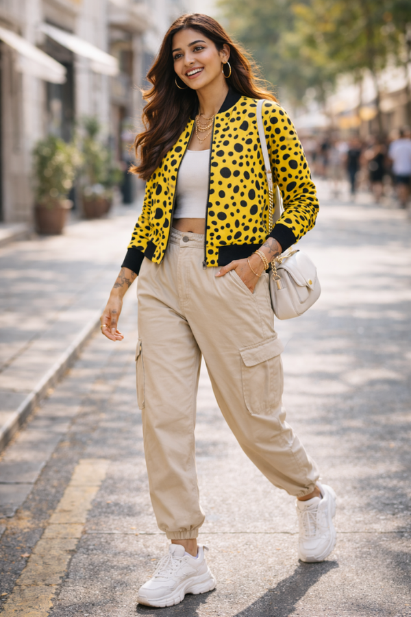 Woman wearing Zingleberry yellow abstract polka dot AOP bomber jacket styled for streetwear with cropped top, cargo pants and sneakers