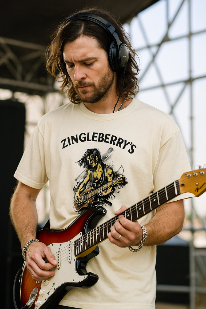 Male guitarist wearing Zingleberry's music-themed oversized t-shirt, playing electric guitar on stage with headphones – music fashion apparel for men