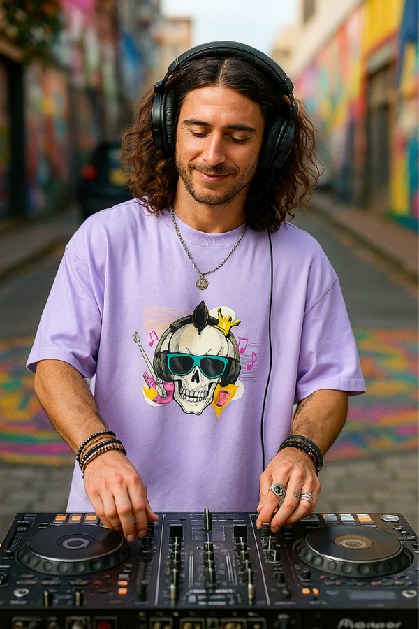 Male DJ wearing Zingleberry's purple oversized unisex t-shirt featuring skull with headphones print, performing on DJ mixer in a vibrant street art setting.