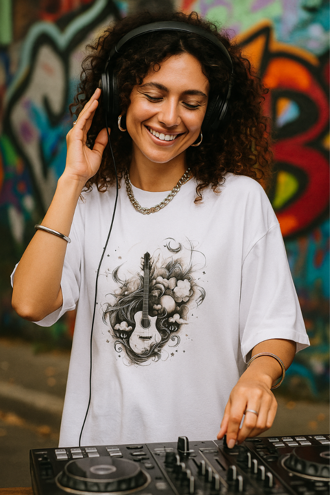 Female DJ in Zingleberry's unisex oversized music-themed white t-shirt with guitar artwork, wearing headphones and performing at an urban street-style music setup.
