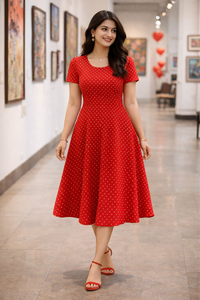 Zingleberry Premium White Dot Print A-Line Midi Valentine Dress for Women