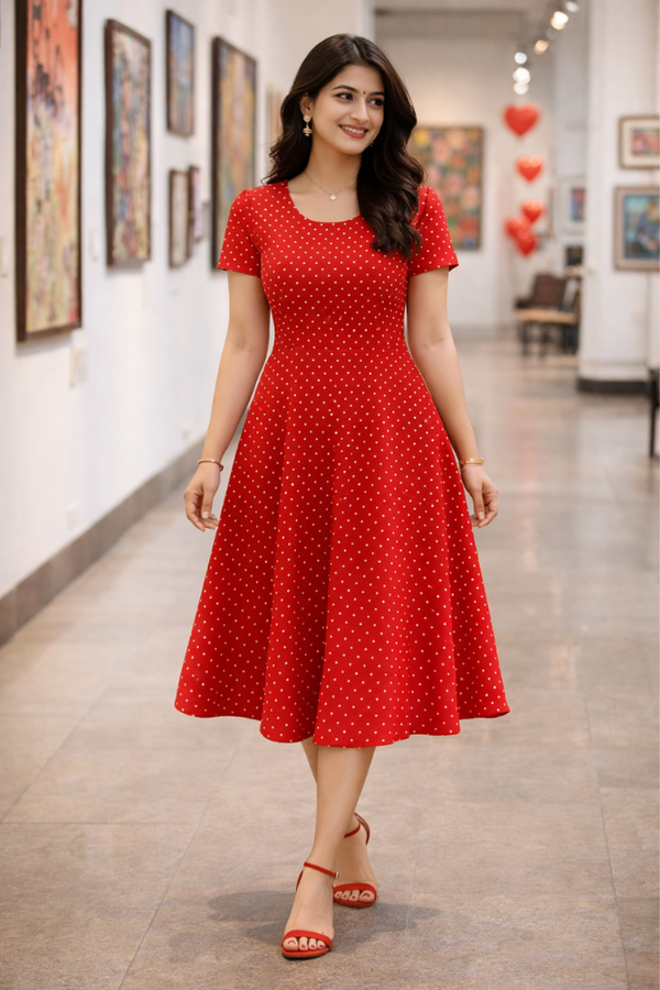 Zingleberry Premium White Dot Print A-Line Midi Valentine Dress for Women