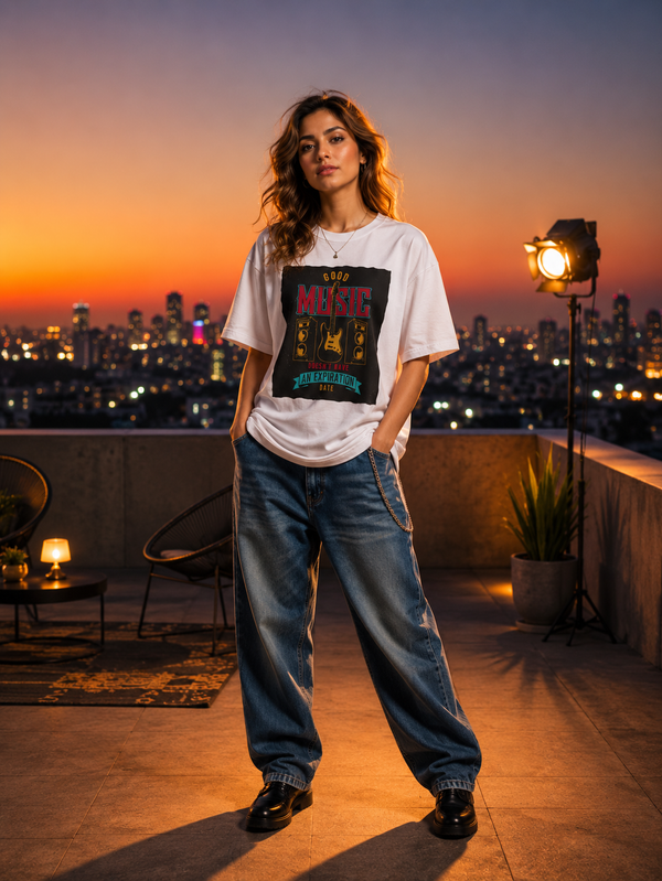 Zingleberry’s Unisex Oversized White T-Shirt – ‘Good Music Doesn’t Have an Expiration Date’ Guitar Graphic Tee