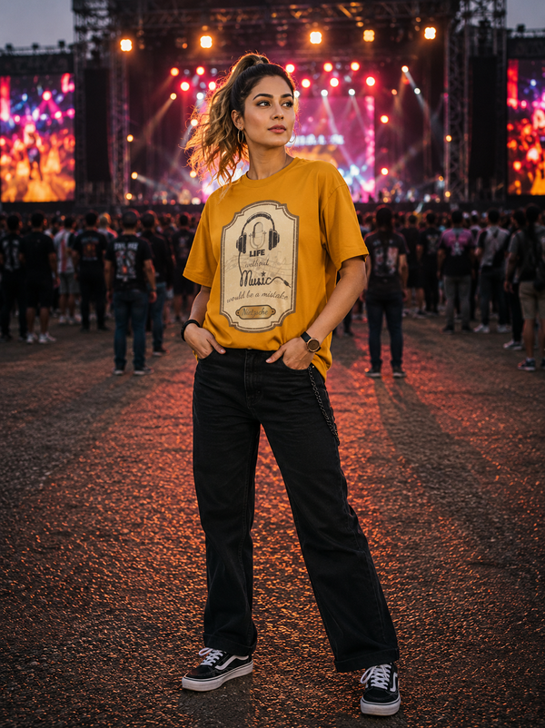 Zingleberry's Golden Yellow Unisex Oversized T-Shirt – ‘Life Without Music’ Quote Graphic Tee