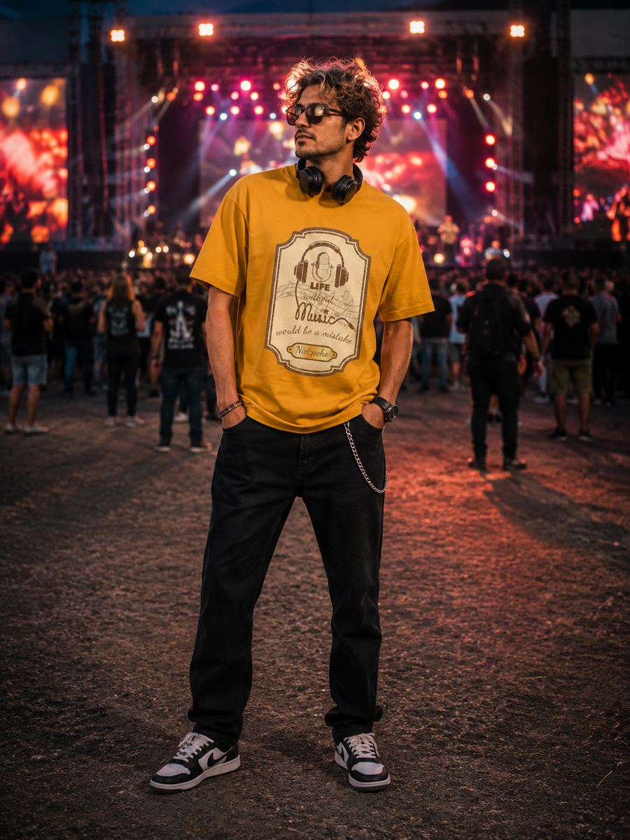 Zingleberry's Golden Yellow Unisex Oversized T-Shirt – ‘Life Without Music’ Quote Graphic Tee