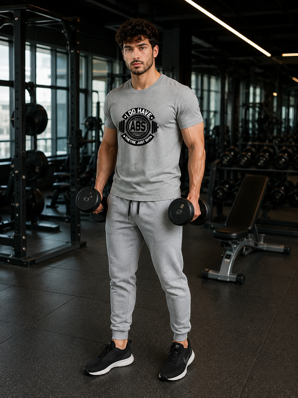 Zingleberry Men’s Workout T-Shirt – Humorous “Shy Abs” Quote – Athletic Fit Gym Tee