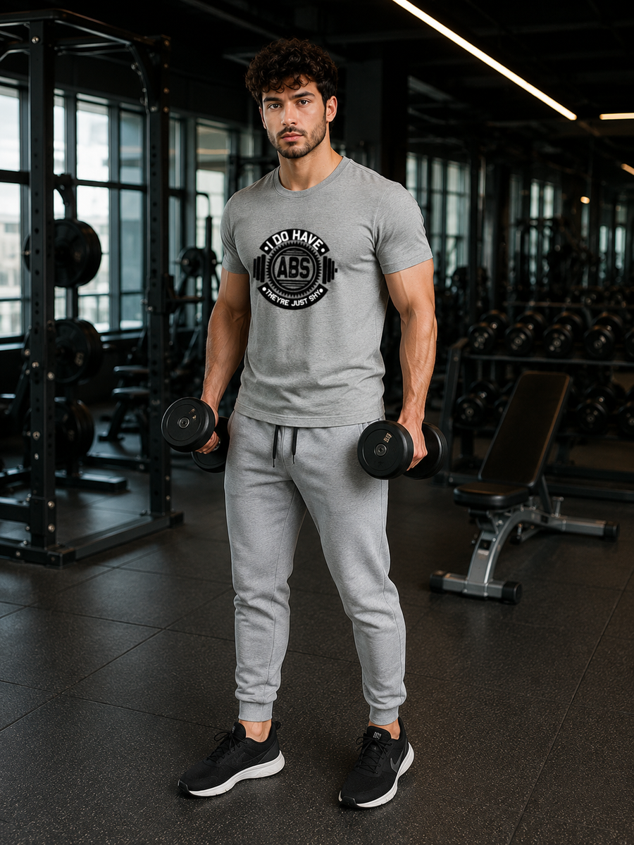 Zingleberry Men’s Workout T-Shirt – Humorous “Shy Abs” Quote – Athletic Fit Gym Tee