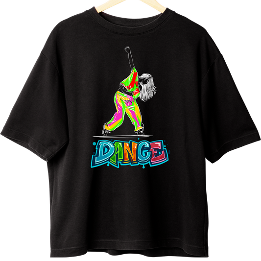 Zingleberry HypeStep Oversized  Black Tee – Neon Pop Dance Graphic for Men & Women