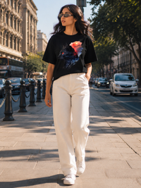 Zingleberry Cosmic Black Cat Graphic Printed Classic Crew T-Shirt for Women | Premium Pure Cotton Summer Collection