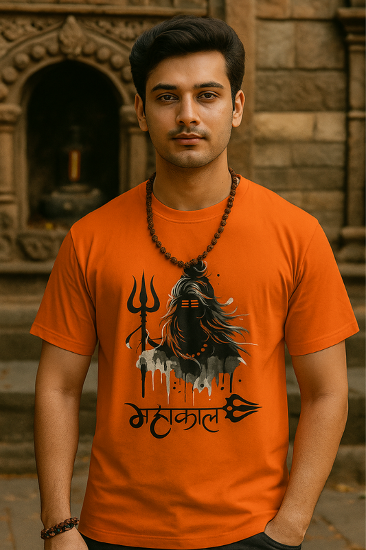 Zingleberry Mahakal Shiva Graphic Men's Classic Crew Neck T-Shirt – Saffron Orange