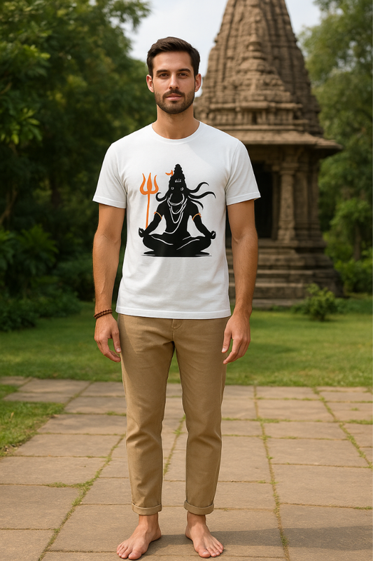 Zingleberry Shiva Printed White T-Shirt for Men & Women | Pure Cotton Spiritual Graphic Tee