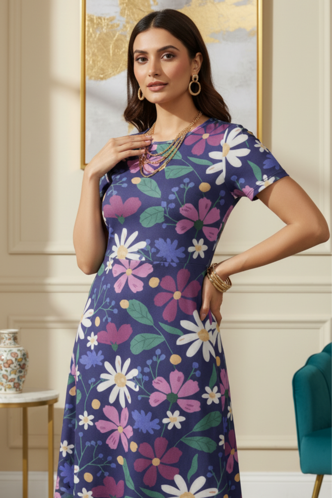 Zingleberry Women’s Premium A-Line Midi Dress – Blue base Floral Print