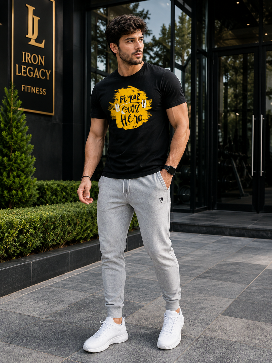 Zingleberry Cotton Black Workout T-Shirt for Men – “Be Your Own Hero” Gym Print | Crew Neck, Pure Cotton