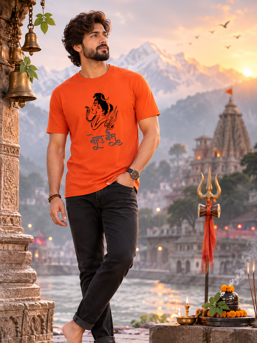 Zingleberry Men's Saffron Orange Bol Bam T-Shirt – Shiva Parvati Graphic | 100% Cotton | Spiritual Wear