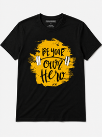 Zingleberry Cotton Black Workout T-Shirt for Men – “Be Your Own Hero” Gym Print | Crew Neck, Pure Cotton