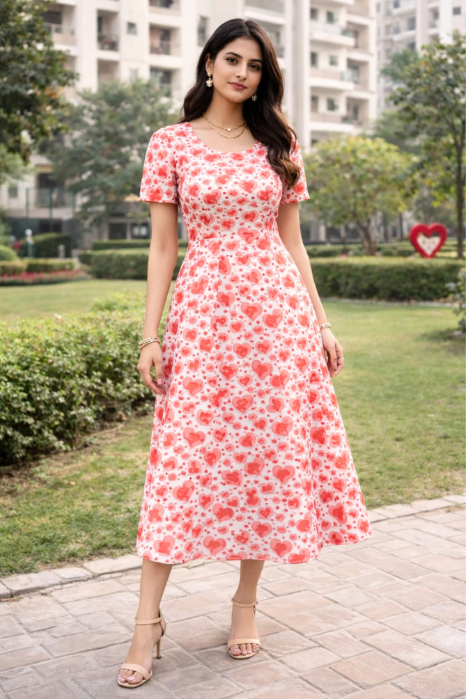 Zingleberry Premium Women’s A-Line AOP Midi Dress with Short Sleeves | Valentine Heart Print | Casual & Party Wear