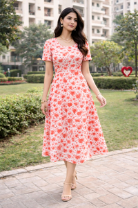 Zingleberry Premium Women’s A-Line AOP Midi Dress with Short Sleeves | Valentine Heart Print | Casual & Party Wear