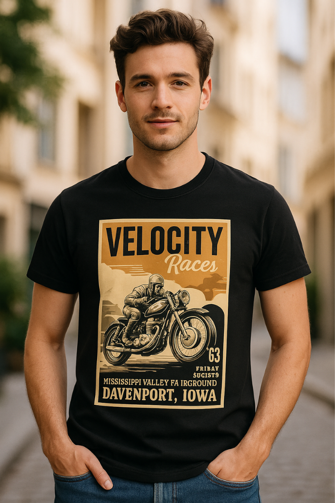 Classic Moto Race Graphic Tee – Iowa 1963 Velocity Fairground Shirt