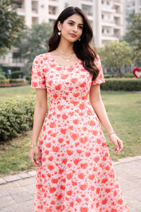 Zingleberry Premium Women’s A-Line AOP Midi Dress with Short Sleeves | Valentine Heart Print | Casual & Party Wear
