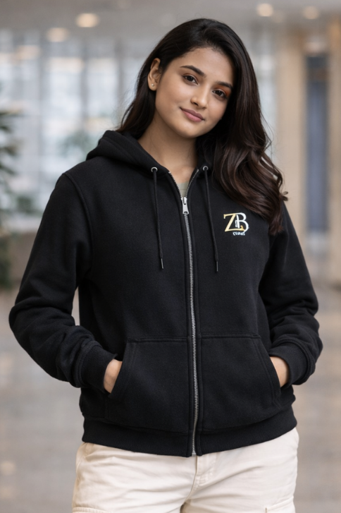 Zingleberry Black Unisex Zip Hoodie – Heavyweight 400 GSM Cotton with ZB Logo