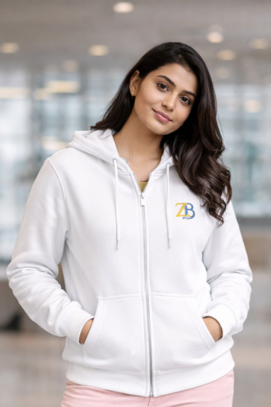 Zingleberry ZB Premium Unisex Zip Hoodie – 400 GSM Cotton Winter Hoodie (White)