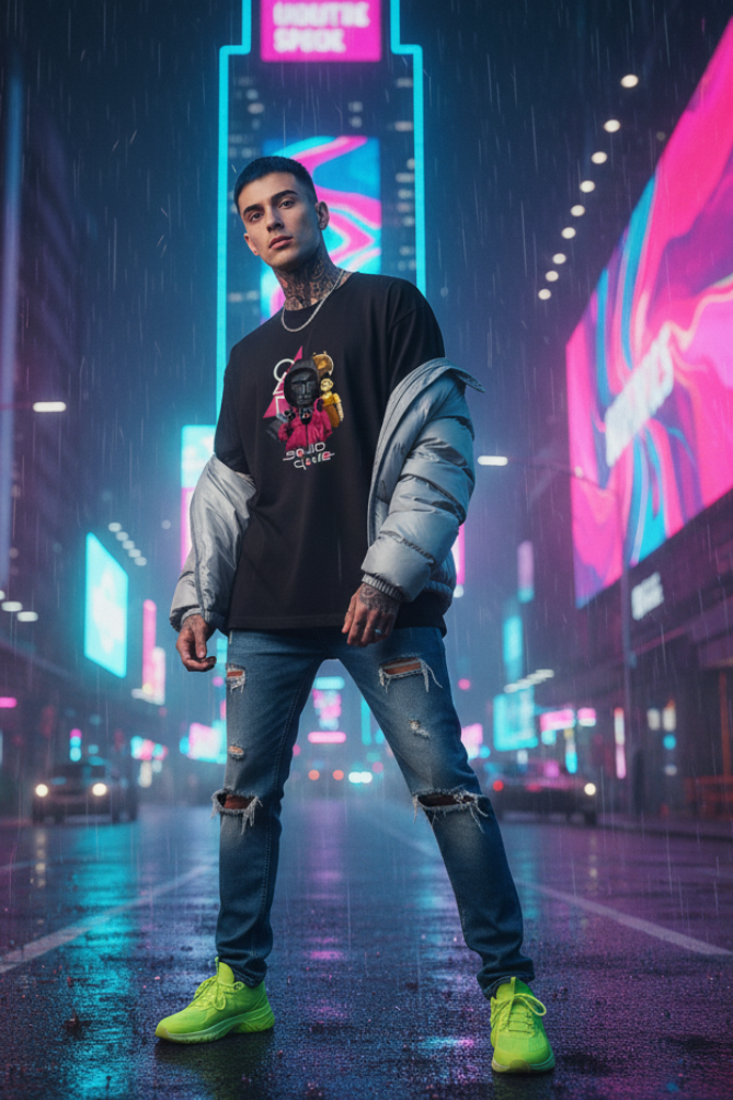 Zingleberry Premium Oversized Retro Challenge Tee – Black