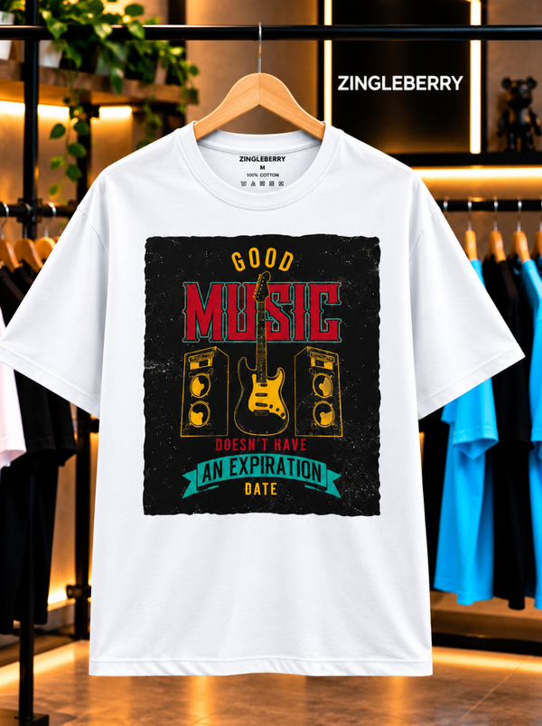 Zingleberry’s Unisex Oversized White T-Shirt – ‘Good Music Doesn’t Have an Expiration Date’ Guitar Graphic Tee