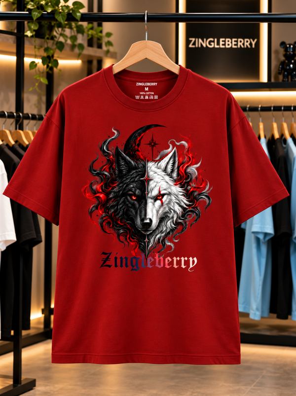 Zingleberry Dual Wolf Moon Graphic Red Oversized T-Shirt for Men & Women | Premium 100% Cotton Unisex Tee