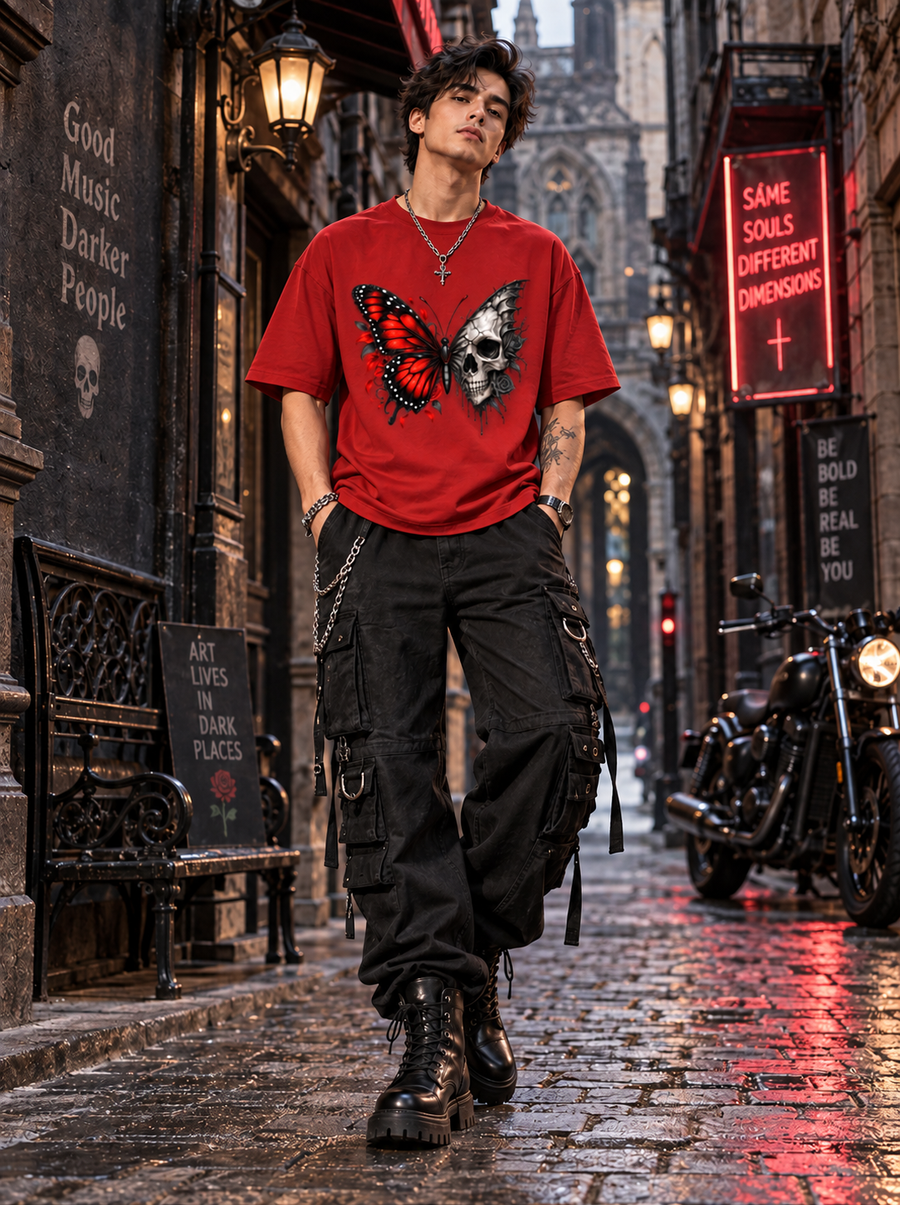 Zingleberry Dark Metamorphosis Red Oversized T-Shirt for Men & Women | Premium Cotton Gothic Butterfly Skull Graphic Tee