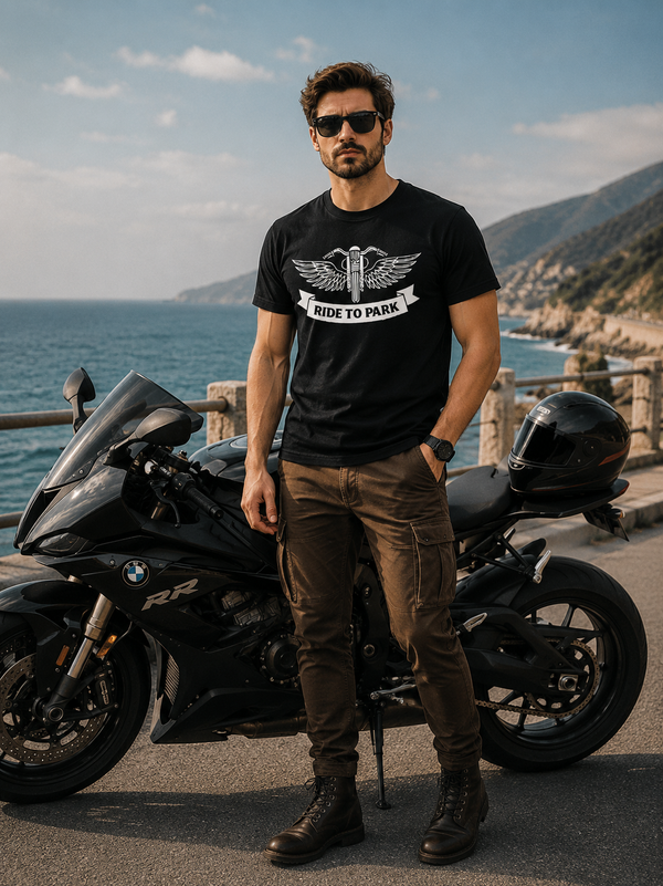 Zingleberry Premium Ride to Park Black Biker Cotton Motorcycle Graphic T-Shirt For Men