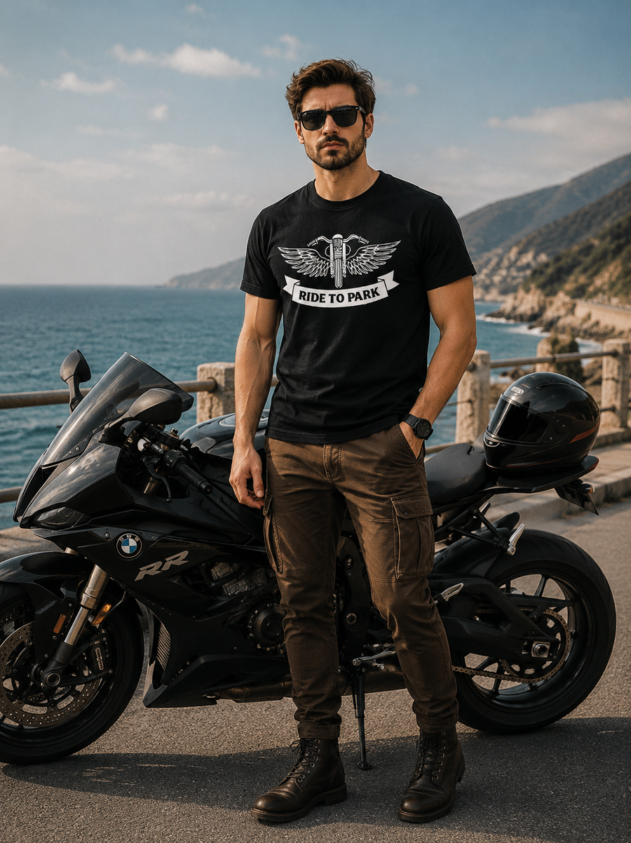 Zingleberry Premium Ride to Park Black Biker Cotton Motorcycle Graphic T-Shirt For Men