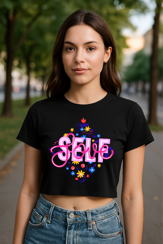 Zingleberry Exclusive Self Love Printed Black Crop Top for women