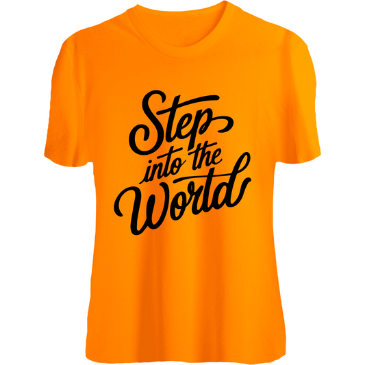 Orange cotton T-shirt featuring a 'step into the world' Inspirational Quote Print