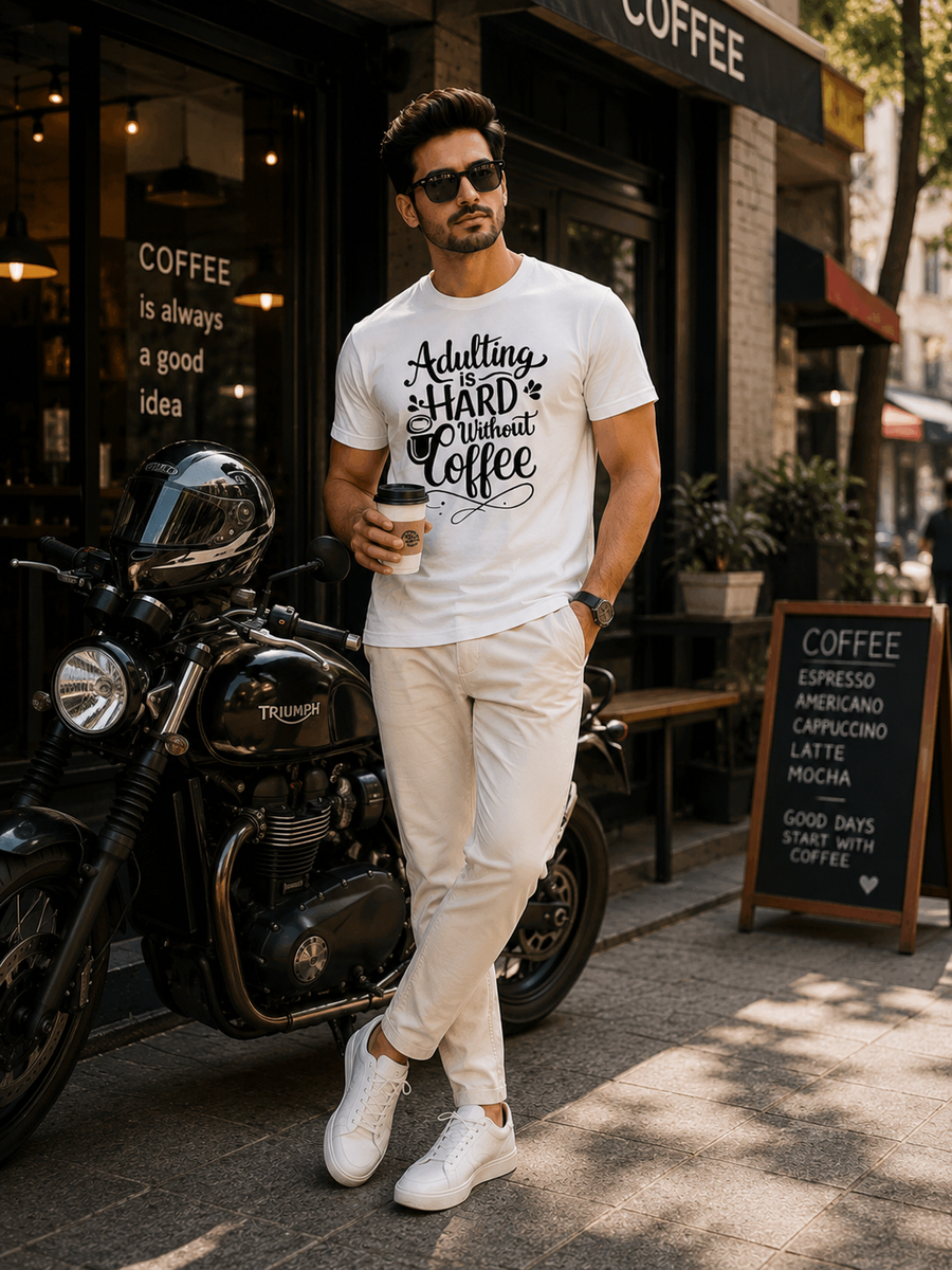 Zingleberry Premium Morning Mood White T-Shirts – Adulting Without Coffee Quote