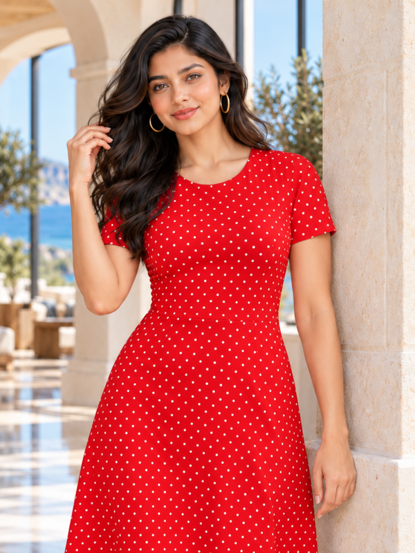 Zingleberry Premium White Dot Print A-Line Midi Valentine Dress for Women
