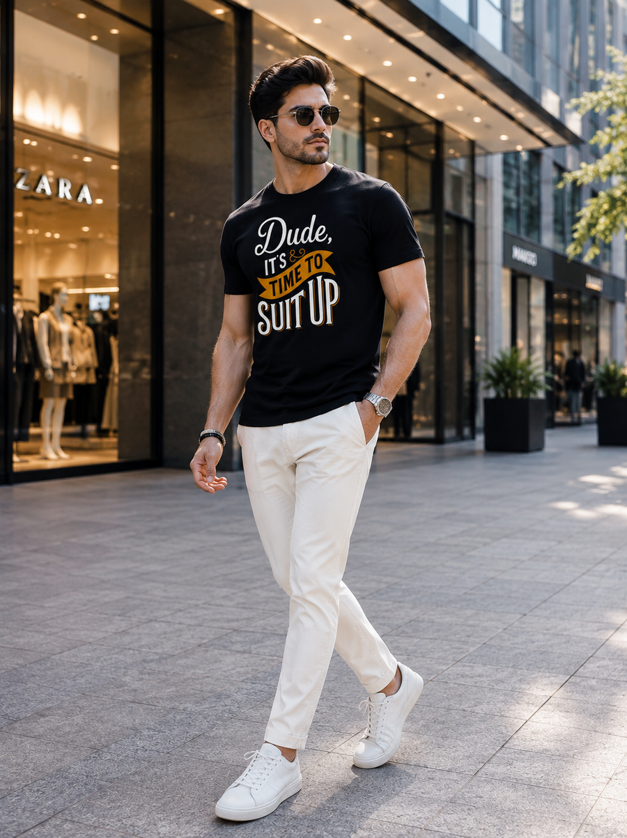 Zingleberry Premium Modern Streetwear Tee – Suit Up Dude Quote Black T-Shirt for Men