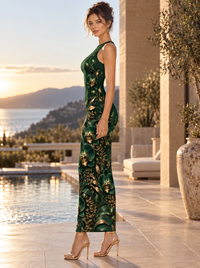Zingleberry Women’s Emerald Green Floral Bodycon Dress with Side Slit – Sleeveless