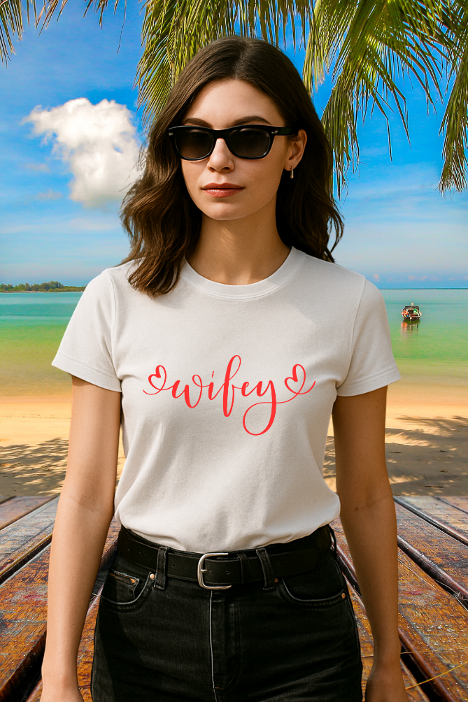Minimal Wife T-Shirts – Elegant Red Script Shirt for Couples