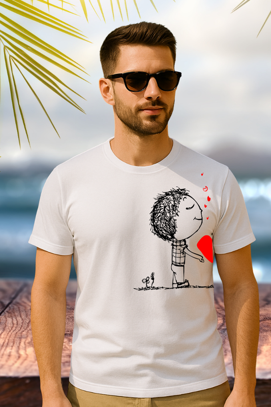 Minimalist Love Sketch White Cotton T-Shirt – Romantic Art Tee for Couples