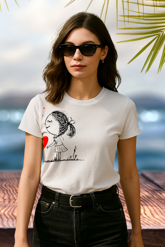Minimalist Love Sketch White Cotton T-Shirt – Romantic Art Tee for Couples