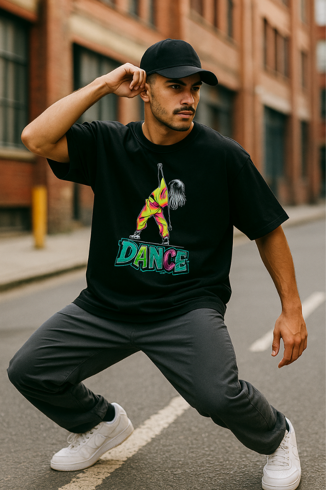 Zingleberry HypeStep Oversized  Black Tee – Neon Pop Dance Graphic for Men & Women