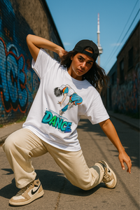 Zingleberry Oversized White Tee – Dance Graphic for Men & Women
