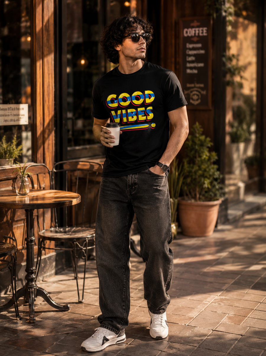 Zingleberry Premium Good Vibes Graphic Black T-Shirts – Bold Colourful Print