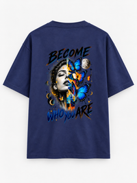 Zingleberry navy blue oversized T-shirt with Become Who You Are butterfly and surreal portrait large back graphic.