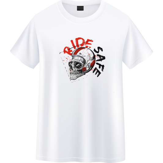 Ride Safe White Skull Tee – Cool Biker Safety T-Shirt for Riders